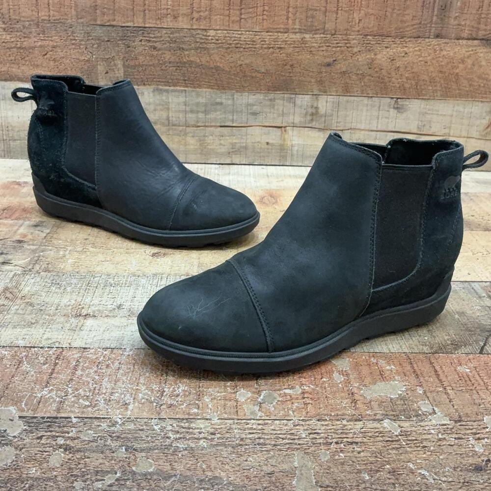 Sorel Boots Womens Size 11 42 Black Suede Ankle Wedge Chelsea Pull On NL5020-010